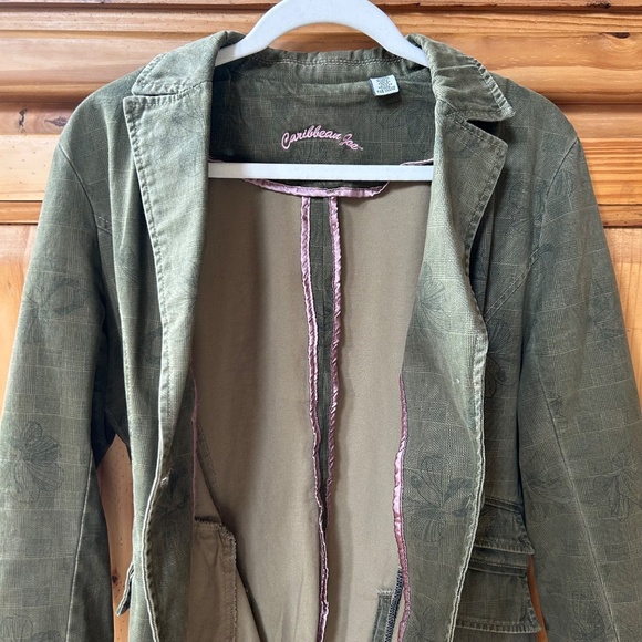 Caribbean Joe Jacket Army Green Floral print 100% Cotton Women's Size 10 - Picture 5 of 12